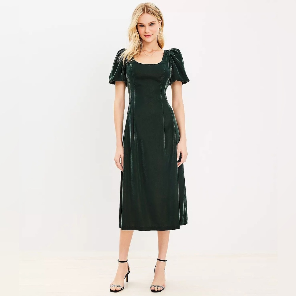 Green Velvet Puff Sleeve Midi Dress from Loft